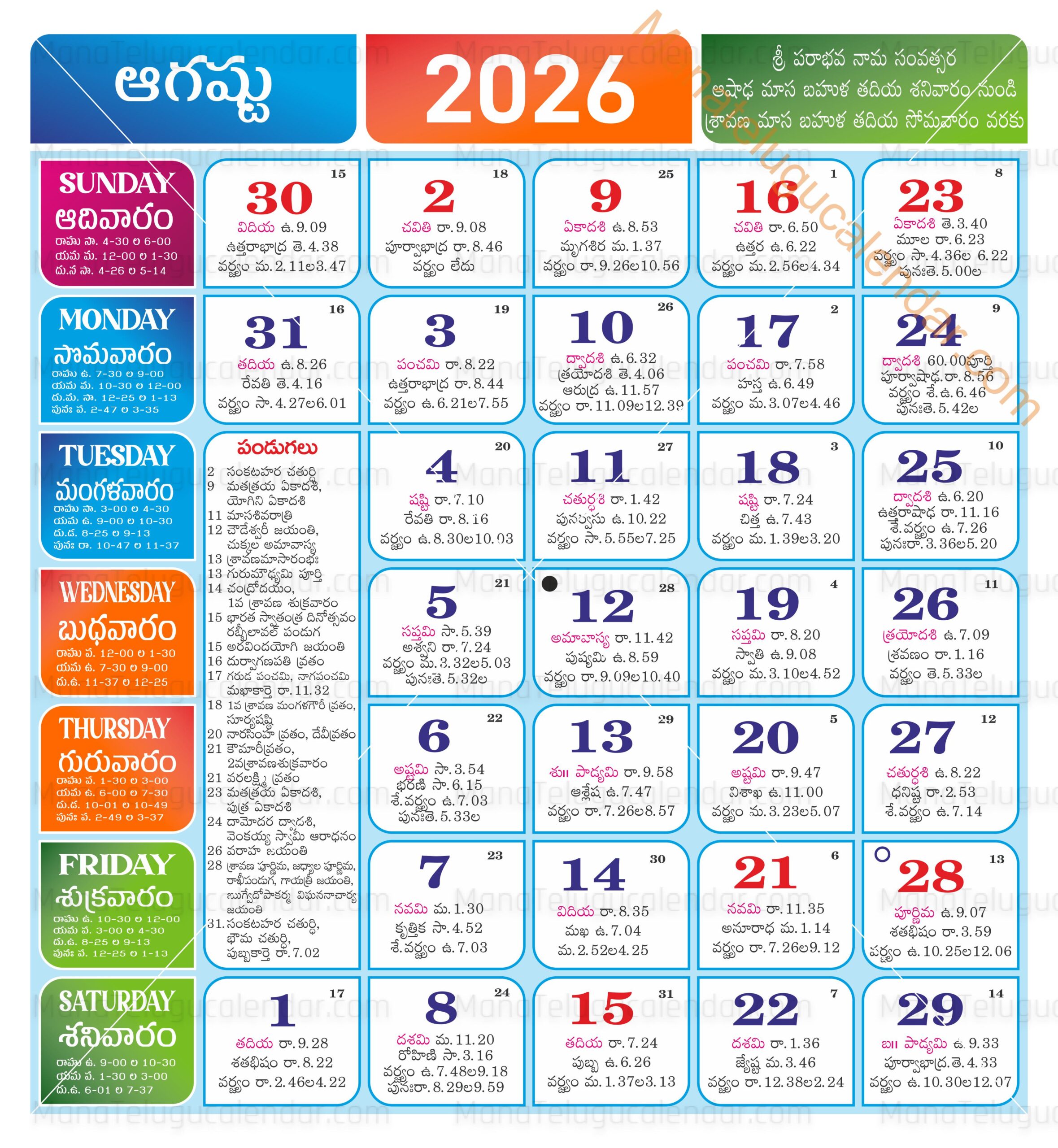 August 2026 Telugu Calendar