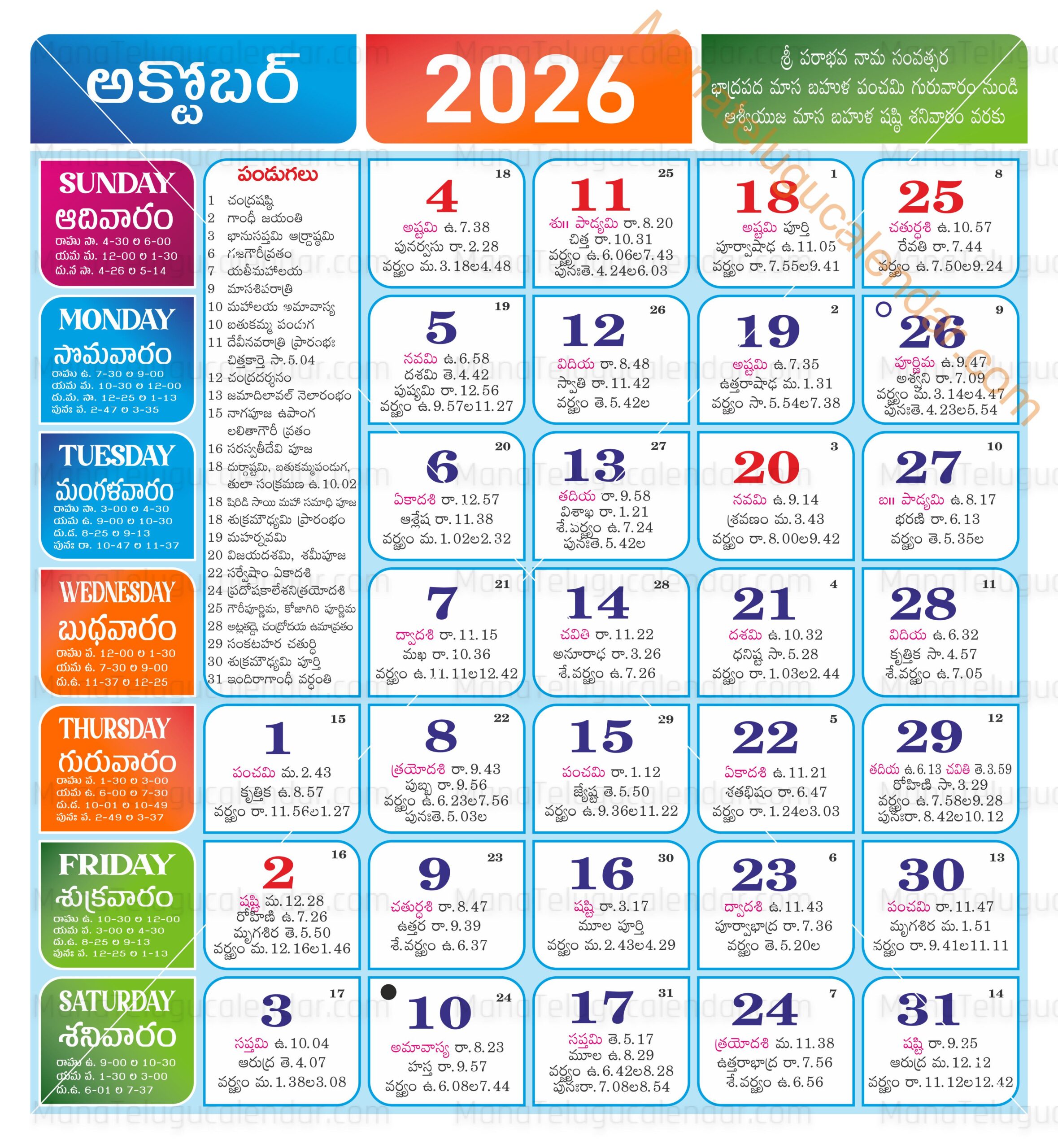 October 2026 Telugu Calendar